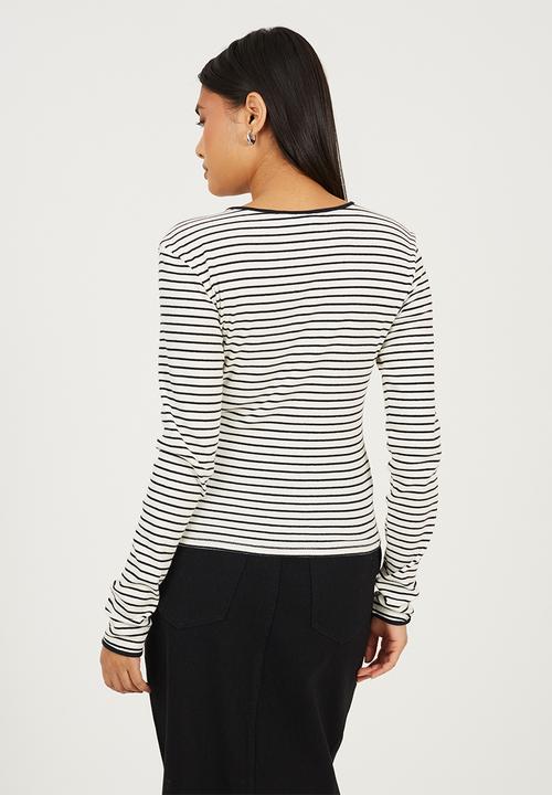 Brave Soul - Ladies Ribbed Long Sleeve Striped Tie Top - Cream/Black