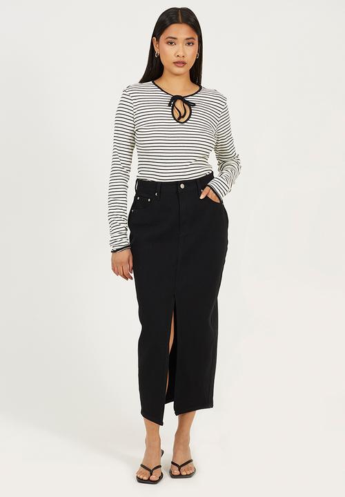 Brave Soul - Ladies Ribbed Long Sleeve Striped Tie Top - Cream/Black