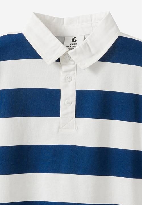 Cotton On - Jersey Rugby Ss Polo W/ Nylon Collar - Squid Ink/Vanilla Stripe/Central Athletic