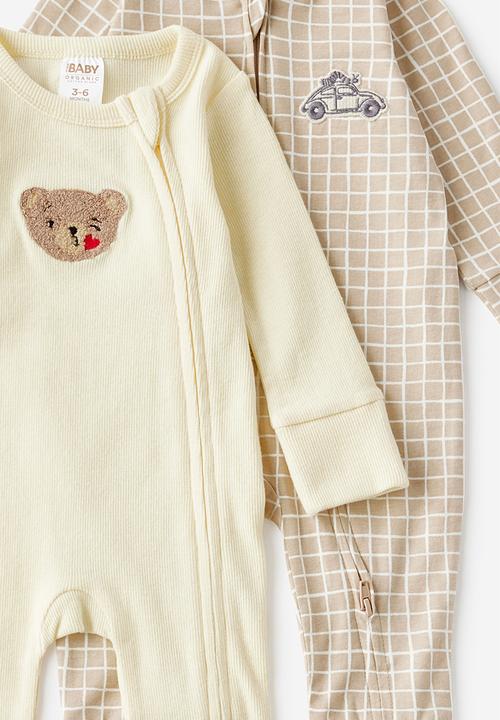 Cotton On - 2 Pk Long Sleeve Zip Romper - Lemon Squash / Bear Kiss & Latte Cream Love Bug