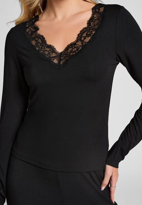 Hunkemoller - Pj ls jersey lace nana - black
