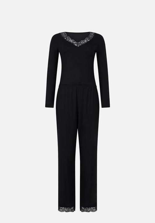 Hunkemoller - Pj ls jersey lace nana - black