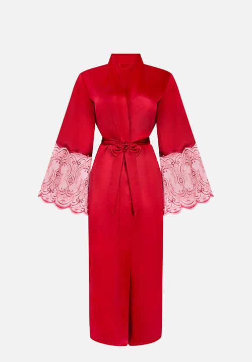 Hunkemoller - Kimono long satin lace - chilli pepper