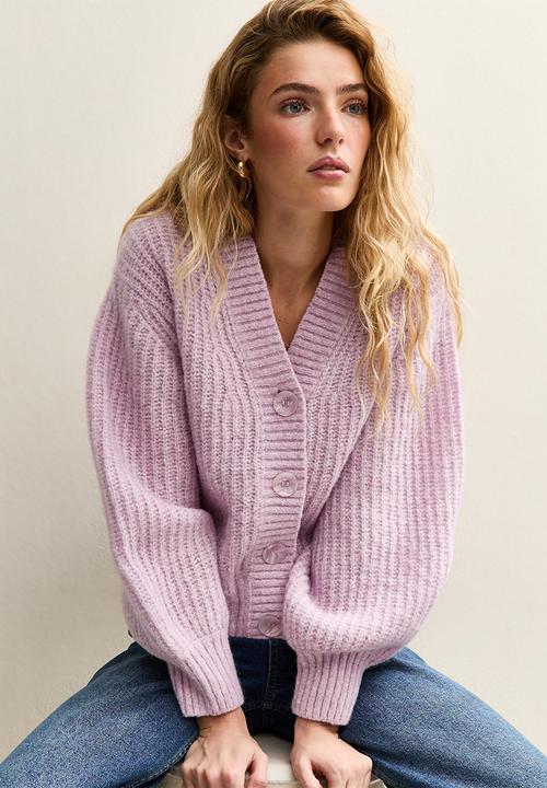 Chunky Knit V-Neck Cardigan - lilac