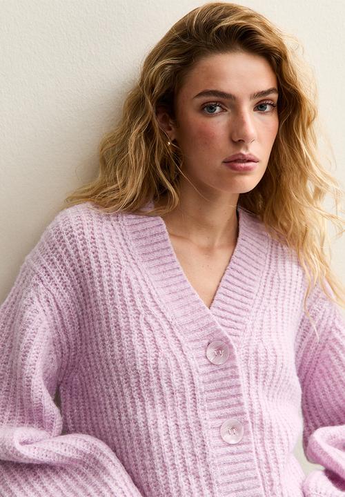 Chunky Knit V-Neck Cardigan - lilac