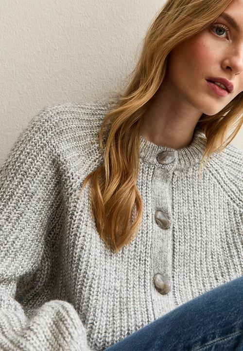 Ribbed Knit Raglan Sleeve Cardigan - grey