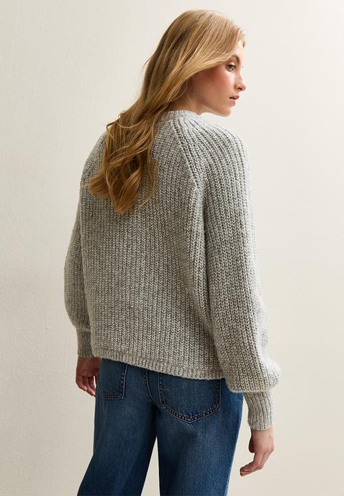 Ribbed Knit Raglan Sleeve Cardigan - grey