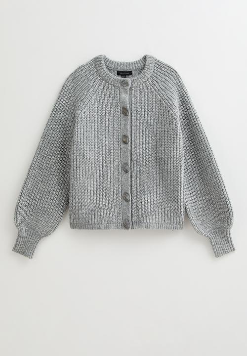 Ribbed Knit Raglan Sleeve Cardigan - grey