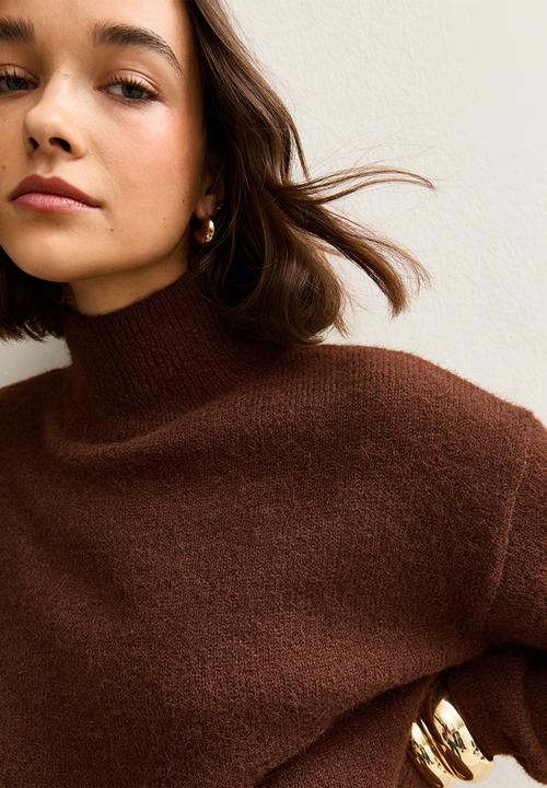 New Look -  Longline Stand Neck Jumper - dark brown