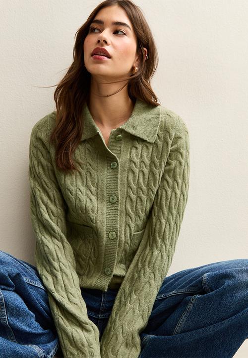 New Look - Cable Knit Collared Cardigan - green