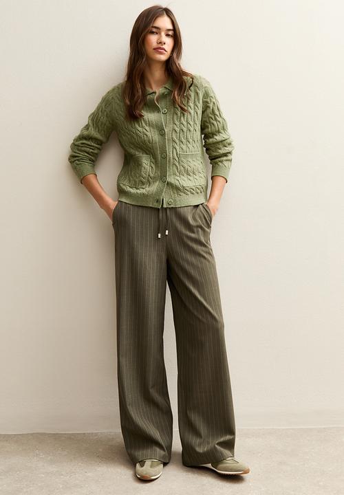 New Look - Cable Knit Collared Cardigan - green