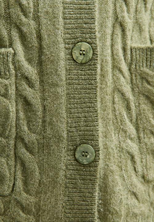 New Look - Cable Knit Collared Cardigan - green