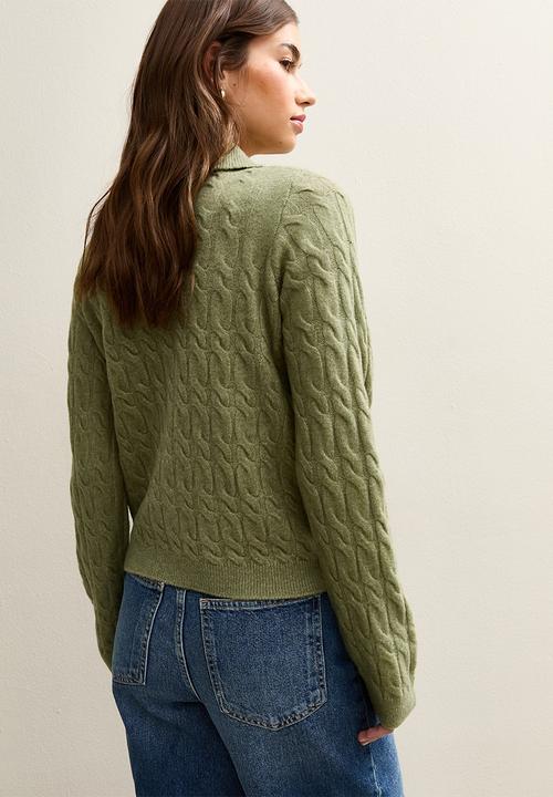 New Look - Cable Knit Collared Cardigan - green
