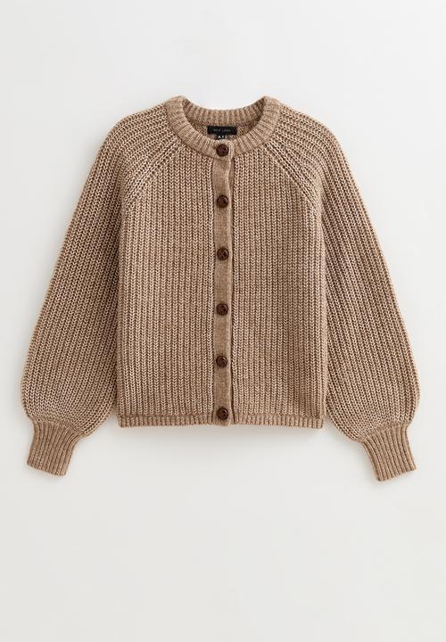 Ribbed Knit Raglan Sleeve Cardigan - camel