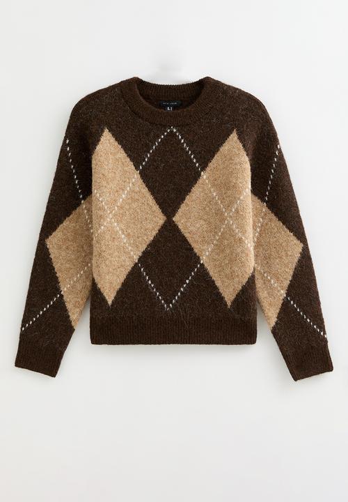 New Look - Argyle Crewneck Jumper - brown