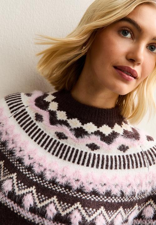Fluffy Fairisle Jumper - brown