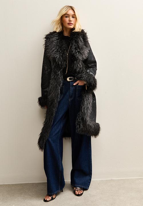 New Look - Printed suedette mix fur coat - black