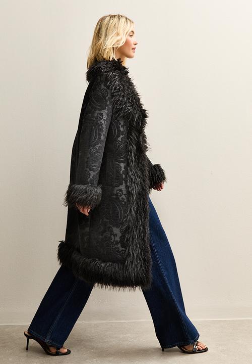 New Look - Printed suedette mix fur coat - black