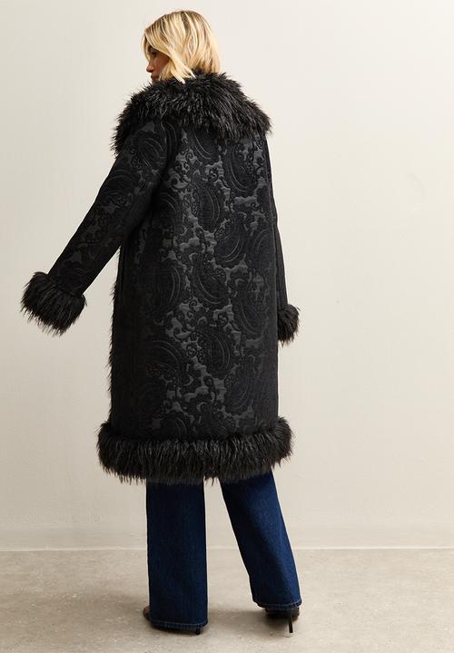 New Look - Printed suedette mix fur coat - black