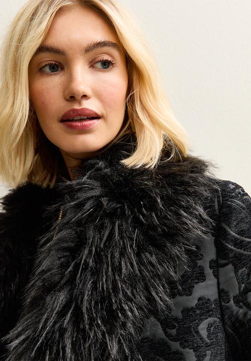 Printed suedette mix fur coat - black