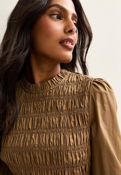 New Look - Ex ls poplin shirr bodice mini - camel