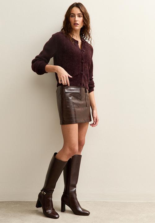 New Look - Cracked Faux Leather Mini Skirt - dk brown
