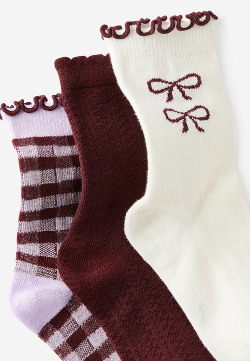 Cotton On - 3Pk Crew Socks - Bordeux/Vintage Lilac Bows 1