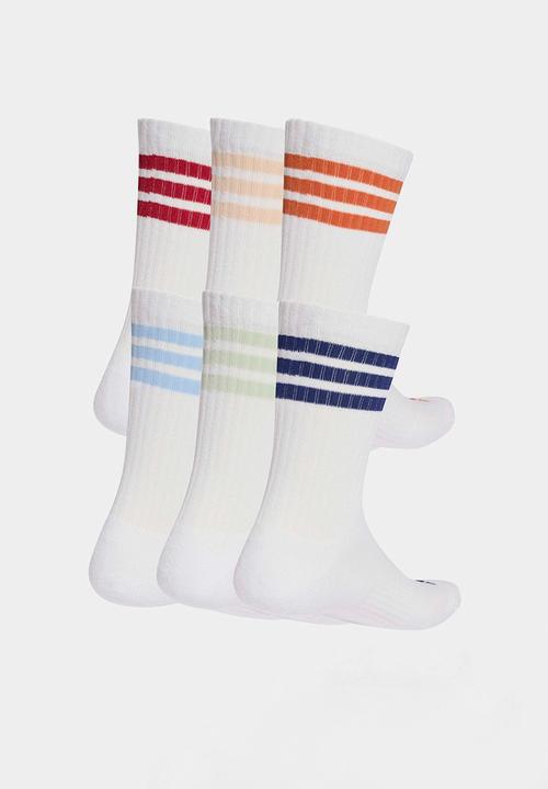 adidas Originals - 3-Stripes Ess Cushioned Crew Socks 6 Pk -  White/maroon/orange/blue