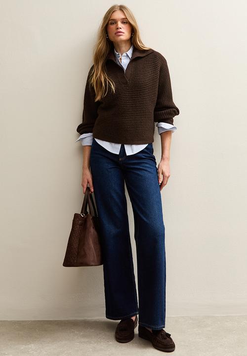 New Look - Stitchy Polo Batwing Jumper - dk brown