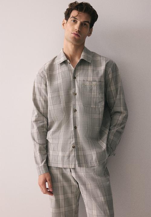 H&M - Poplin pyjama shirt and bottoms - greige checked
