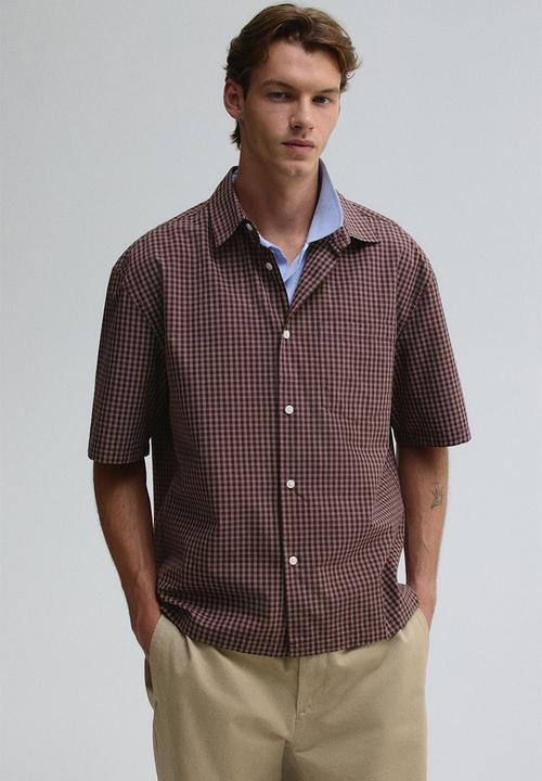 H&M - Relaxed fit short-sleeved shirt - brown checked