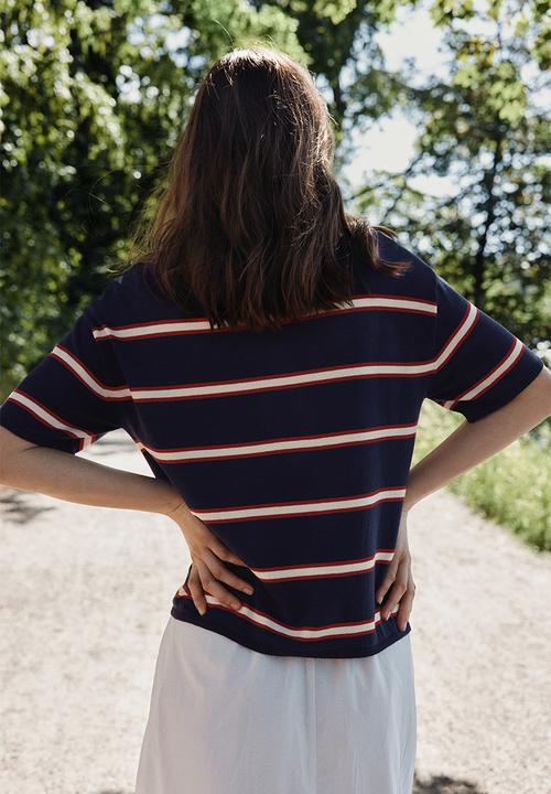 H&M - Oversized fine-knit polo shirt - navy blue striped