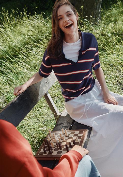 H&M - Oversized fine-knit polo shirt - navy blue striped