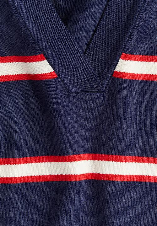 H&M - Oversized fine-knit polo shirt - navy blue striped