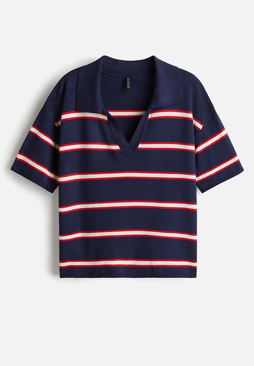 H&M - Oversized fine-knit polo shirt - navy blue striped