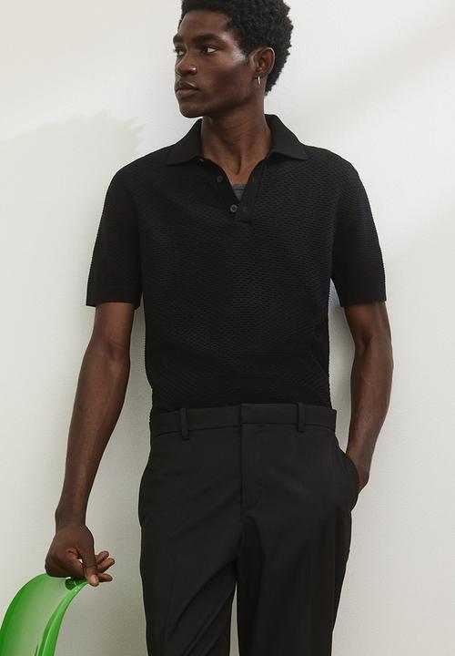 H&M - Slim fit textured polo shirt - black