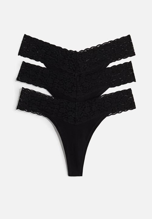 H&M - 3-Pack cotton and lace thong briefs - black
