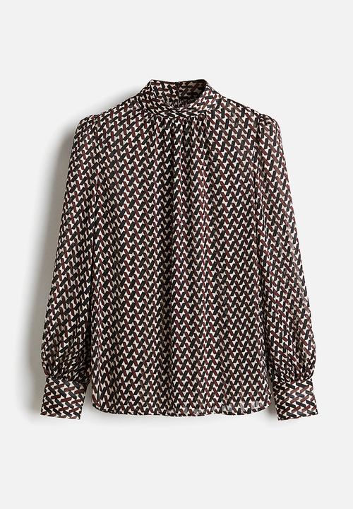 H&M - Stand-collar blouse - dark brown patterned