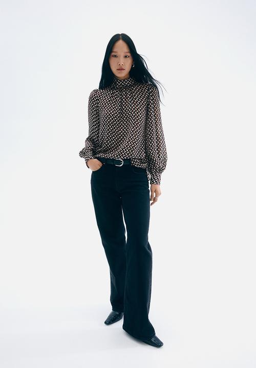 H&M - Stand-collar blouse - dark brown patterned