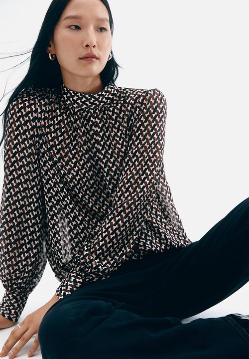 H&M - Stand-collar blouse - dark brown patterned