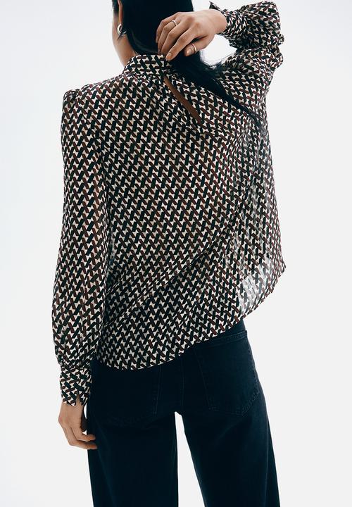H&M - Stand-collar blouse - dark brown patterned