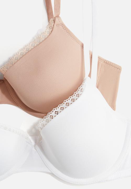 H&M - 2-pack padded underwired microfibre bras -  white/beige 