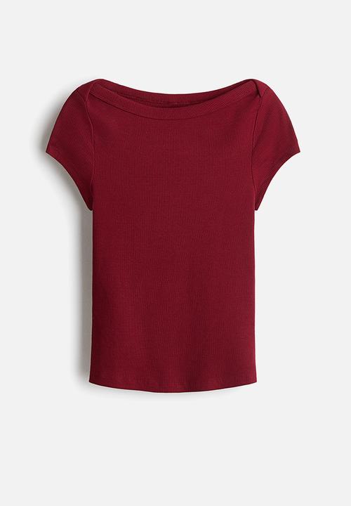 H&M - Ribbed boat-neck top - dark red 