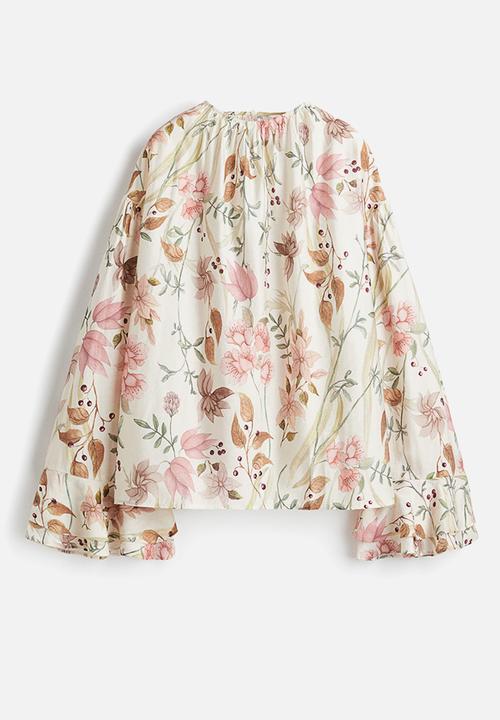 H&M - Flounce-cuff blouse - light beige floral