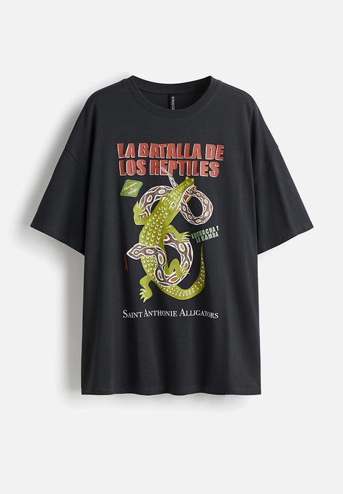 H&M - Oversized printed T-shirt - dark grey/alligator