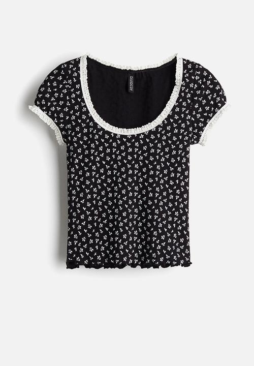 H&M - Lace-trimmed top - black/floral 