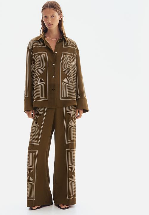 H&M - Oversized twill shirt - dark khaki green patterned 