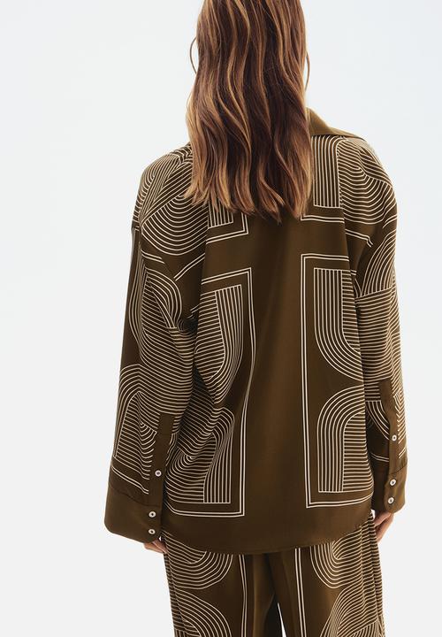 H&M - Oversized twill shirt - dark khaki green patterned 