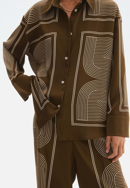 H&M - Oversized twill shirt - dark khaki green patterned 