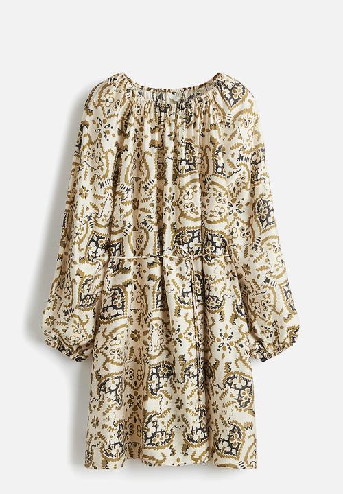 H&M - Oversized tie-belt dress - light beige patterned